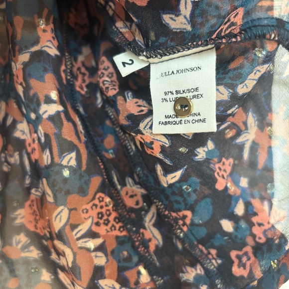 Ulla Johnson Silk Floral Long Sleeve Metallic Edith Blouse Size 2 Small Navy Top - Picture 9 of 16